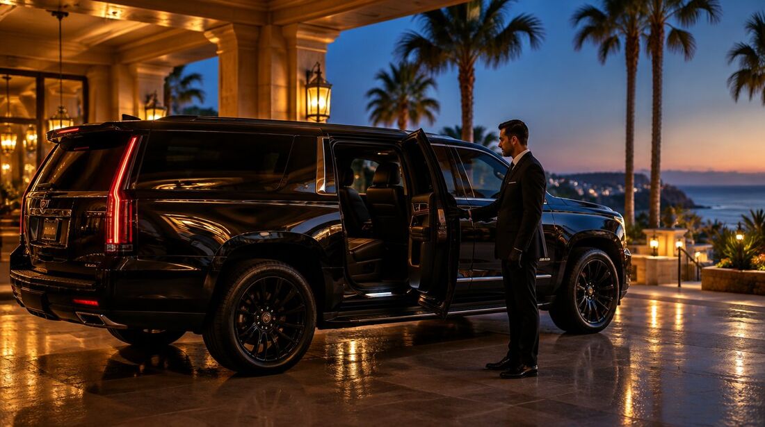 Black Escalade ESV waiting under a hotel entrance at dusk, chauffeur beside the open door