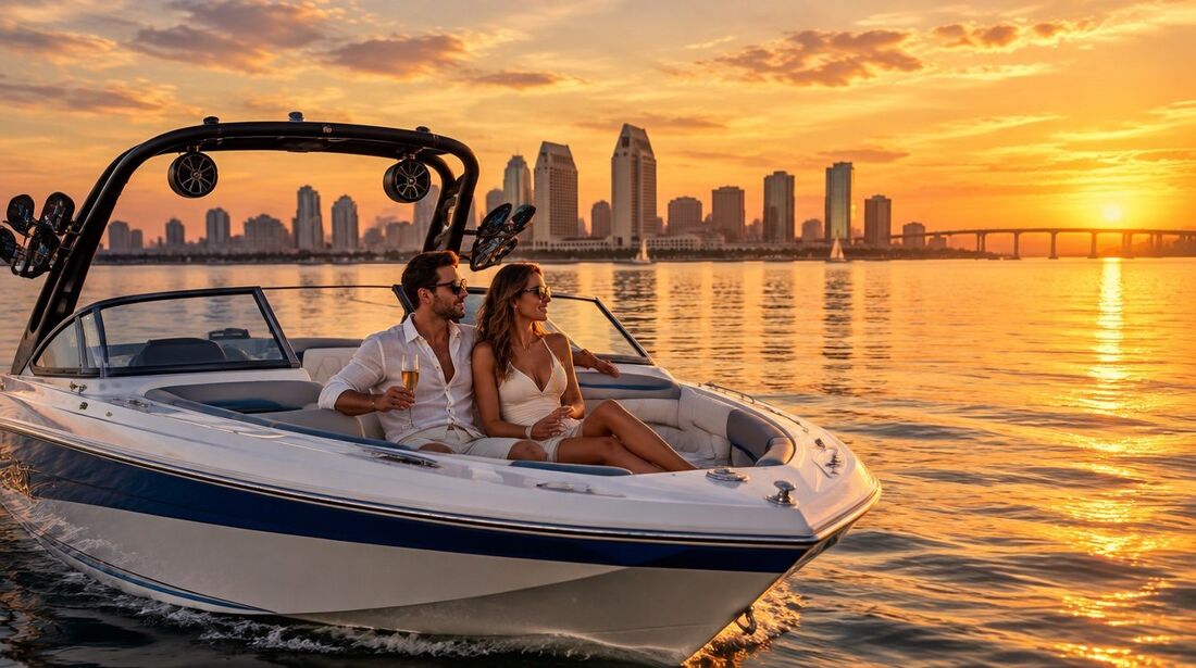 Couple toasting on a private boat with the San Diego skyline at sunset