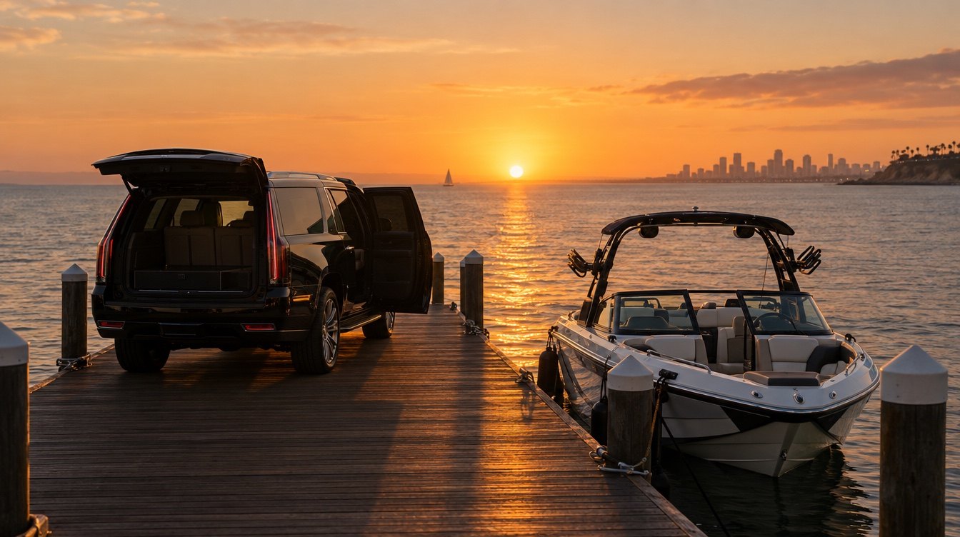 A black Escalade with its doors open at the end of a dock, beside a white sport boat, at sunset over the Pacific